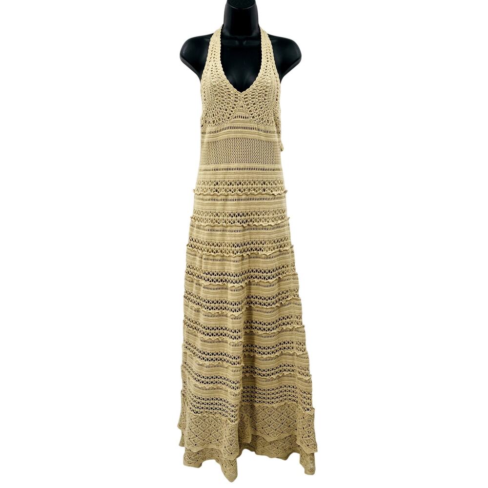 Y2K‎ Vintage Crochet Cream Halter Maxi Dress